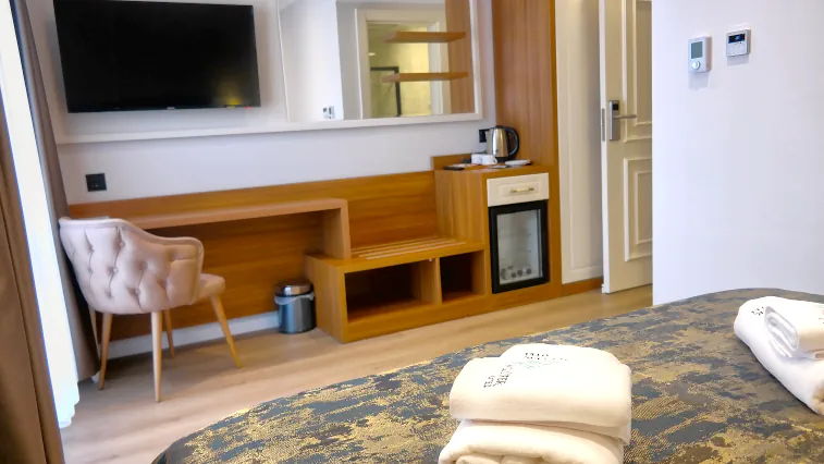 Nilüfer Otel çift kişilik oda çalışma masası, TV ve minibar alanı